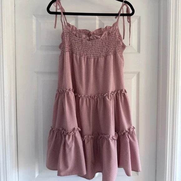 STORIA Gingham Smocked Tiered Mini Dress Cottagecore Summer S - Picture 3 of 7
